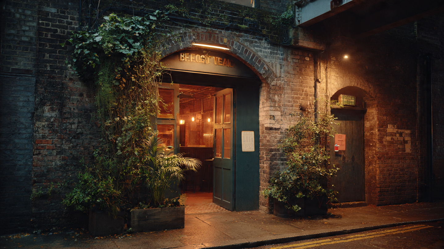 A rustic brick entrance to one of the hidden cafes in London, with ivy plants, warm interior lighting, and a charming secret coffee shop tucked away on a quiet backstreet.