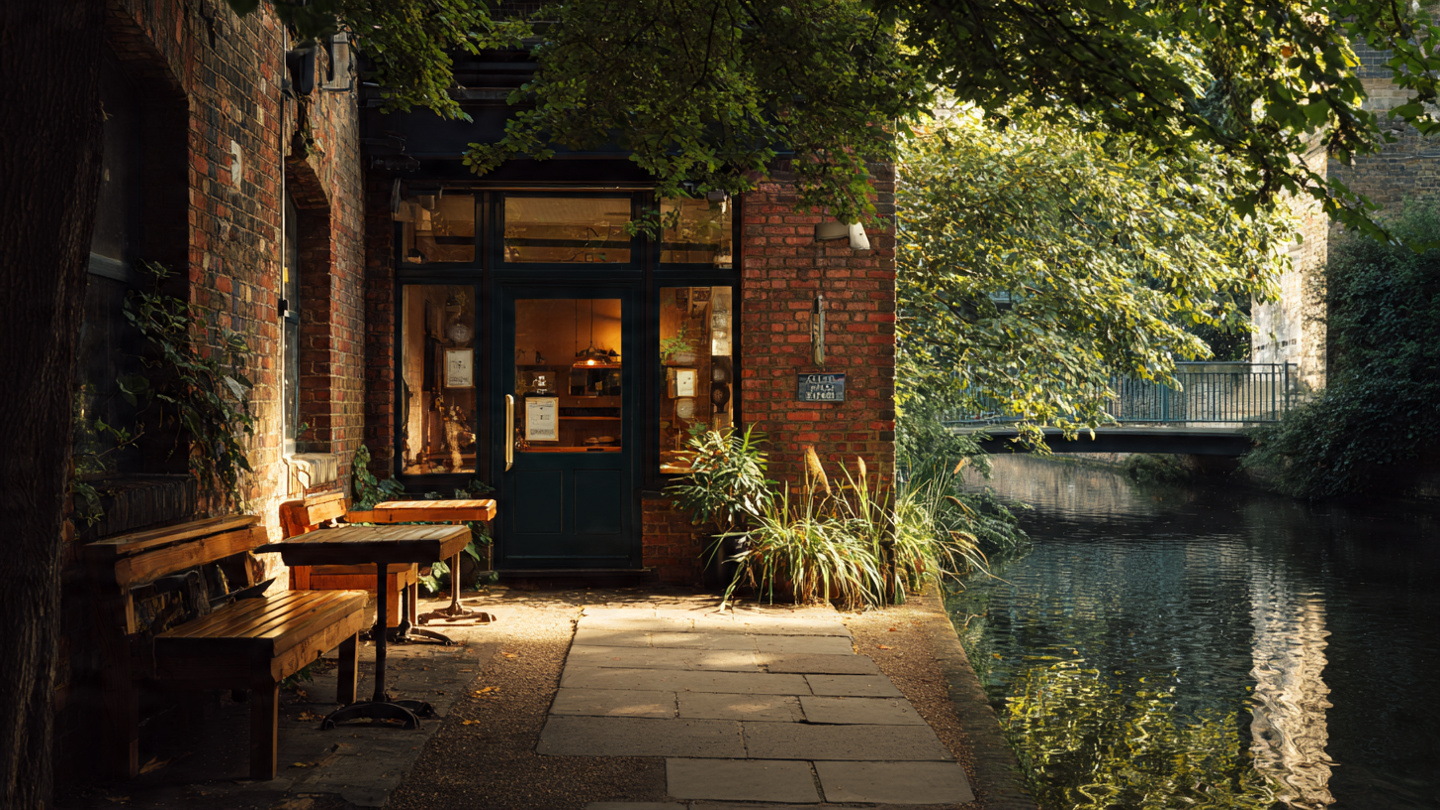 Scenic riverside seating at one of the hidden cafes in London, with rustic brick walls, wooden benches, and a peaceful secret coffee spot beside the canal under leafy trees.