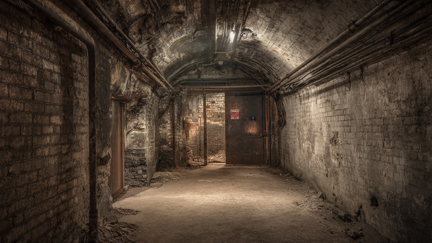 Sealed corridor inside secret tunnels in London, showing abandoned underground passageways, historic brick-lined tunnels, and hidden subterranean networks beneath the city.