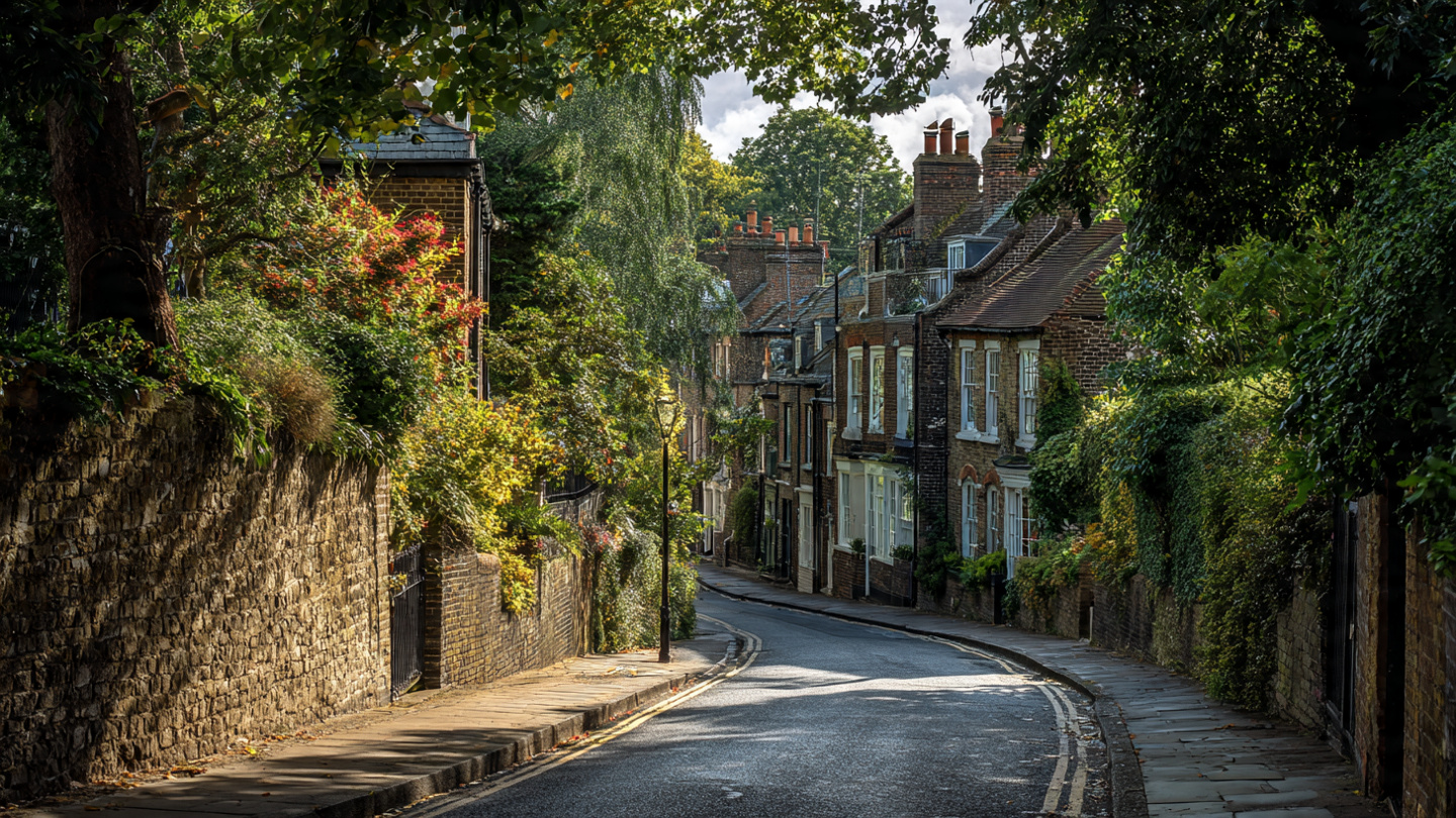 Tree-lined residential street in one of the underrated neighborhoods in London, featuring quiet historic homes and greenery that highlight authentic, lesser-known London areas away from tourist crowds