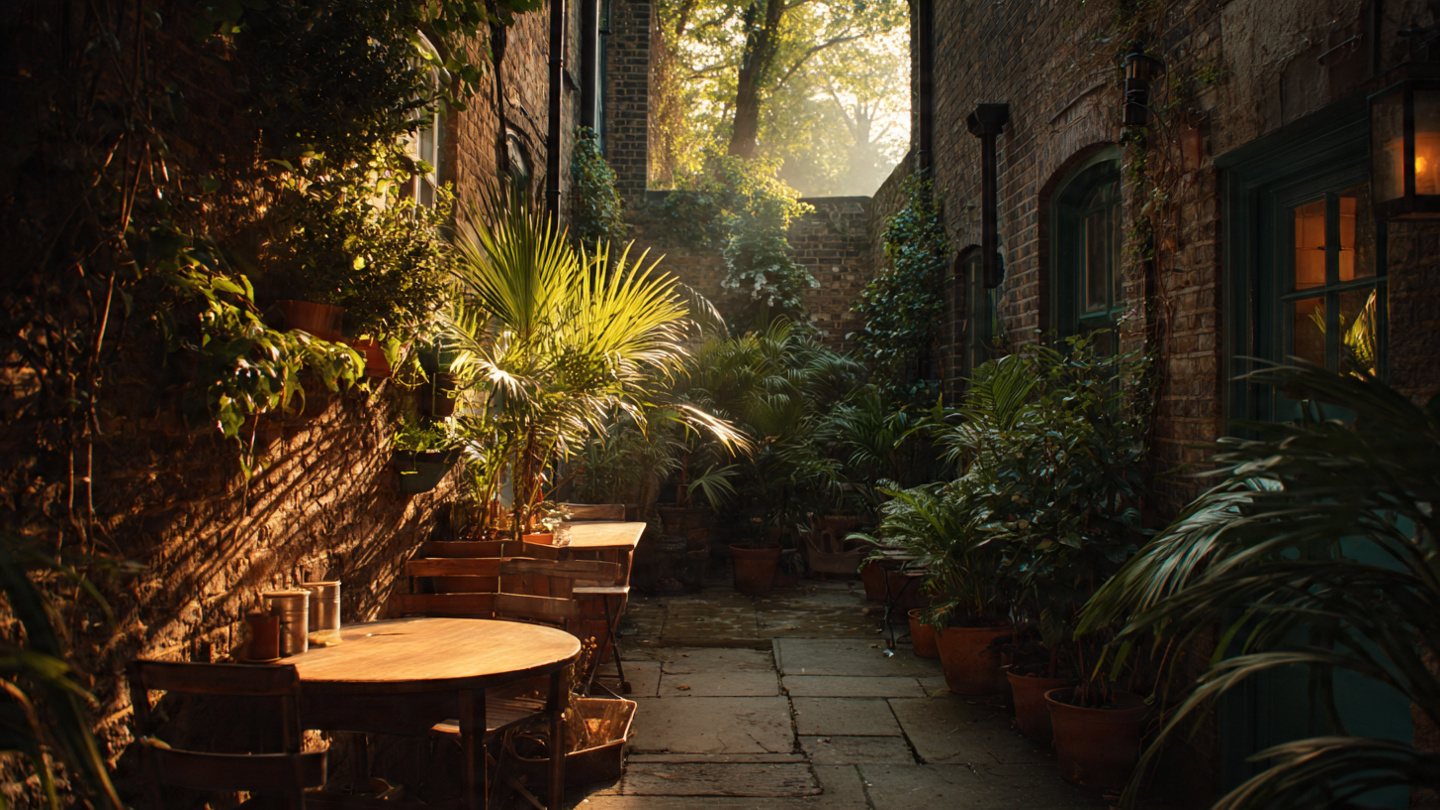 Peaceful courtyard seating at one of the hidden cafes in London, surrounded by lush plants, rustic brick walls, and a charming secret garden café atmosphere in a quiet alleyway.