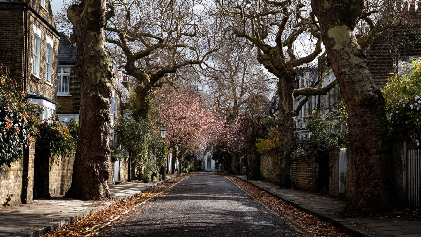 A tree-lined residential road among the hidden streets in London, showing peaceful London backstreets with seasonal trees, quiet surroundings, and lesser known streets that offer a calm walking experience away from busy city routes
