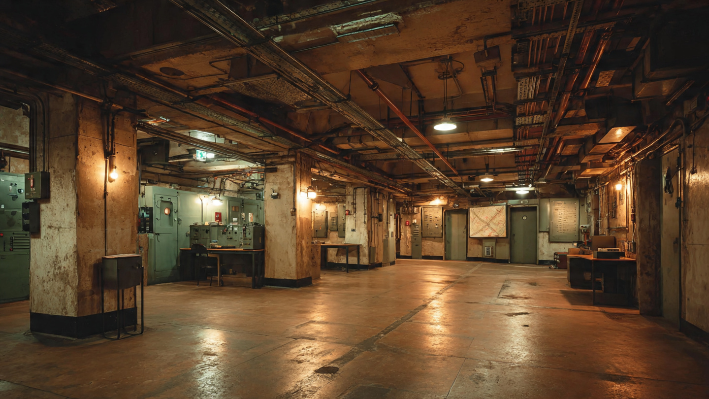 Interior view of secret tunnels in London showing a wartime underground bunker with reinforced rooms, hidden passageways, and secure subterranean government infrastructure beneath the city.