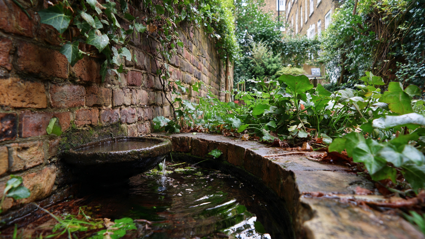 Secret gardens in London with an old brick wall, small stone fountain, and creeping ivy plants, a peaceful hidden garden corner in a quiet London green space