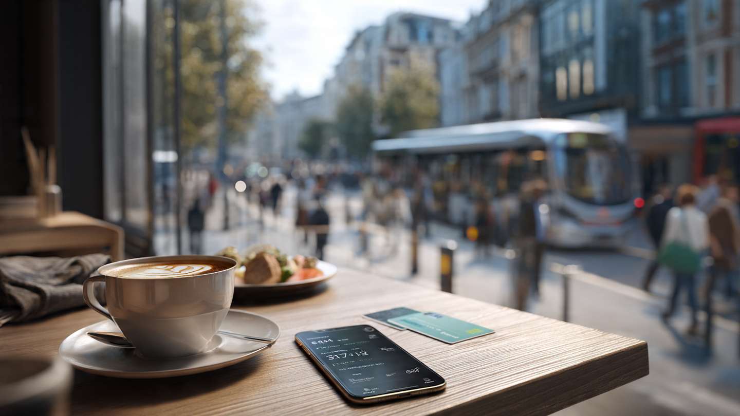 Coffee and light meal on a café table overlooking a busy London street, highlighting one day in London things to do, relaxed city breaks, and everyday London travel experiences during a short visit.
