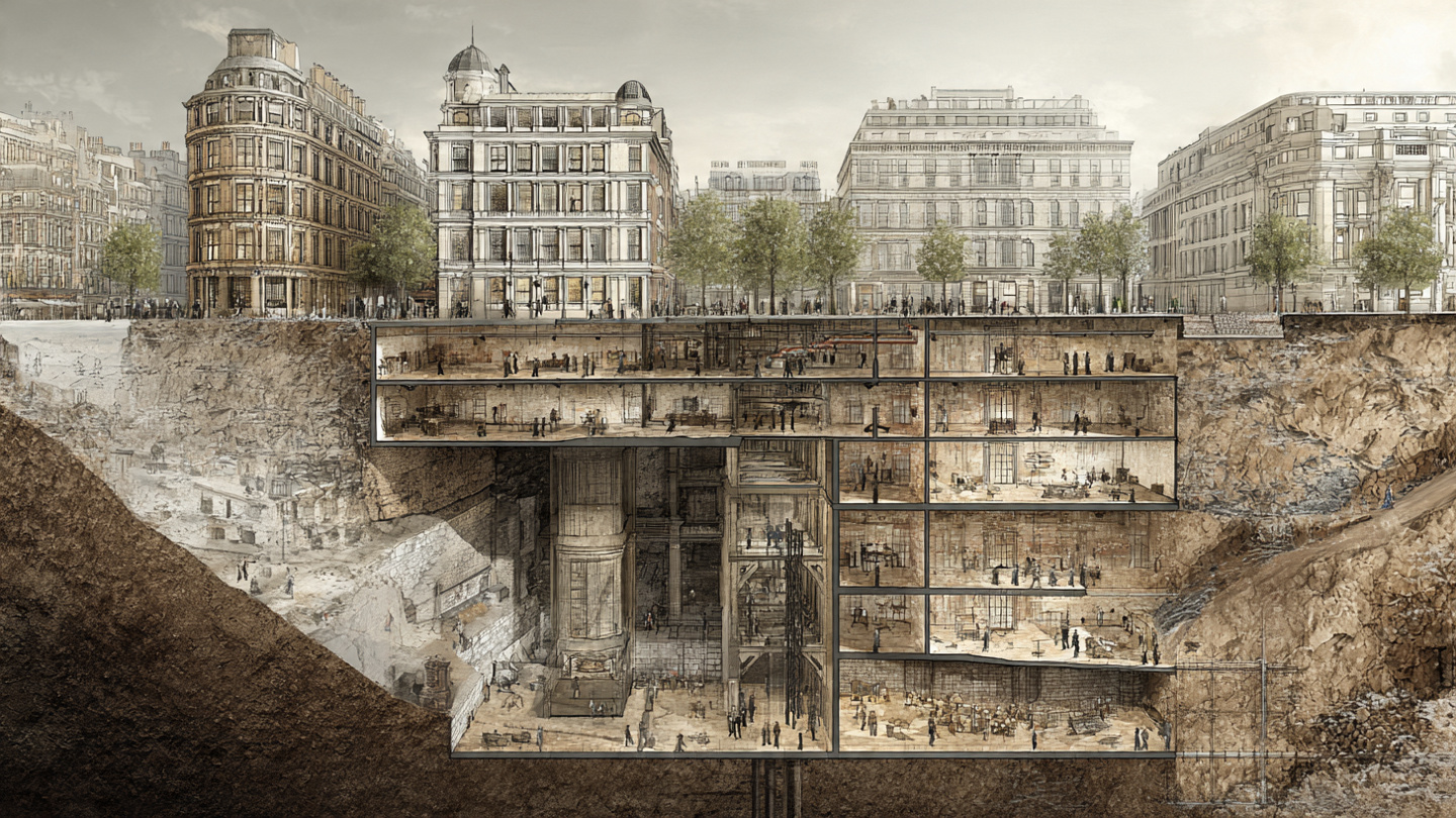 Illustrated cross section of London revealing secret tunnels in London beneath historic buildings, showing hidden underground passages, buried transport routes, and layered subterranean infrastructure from different historical periods.