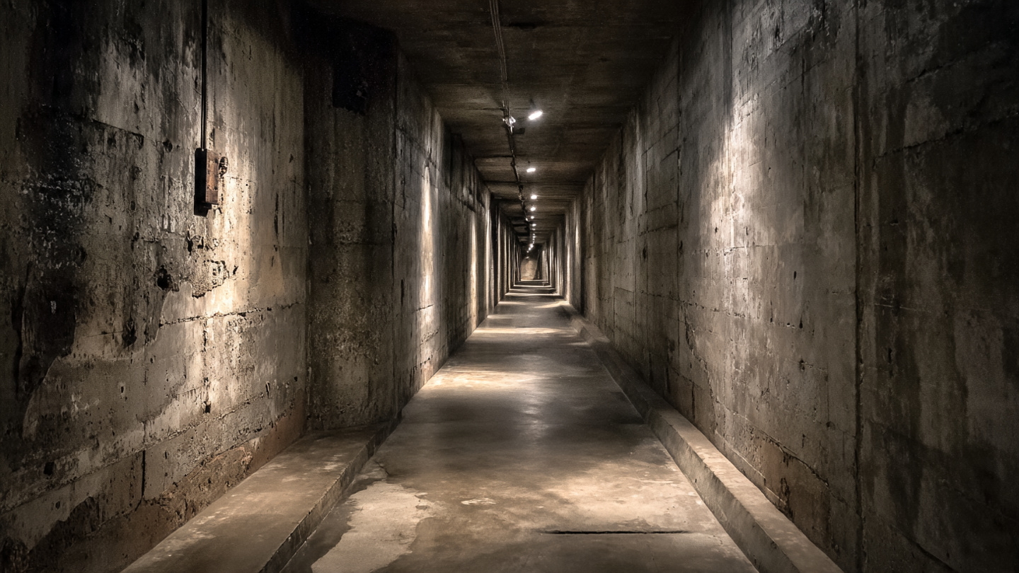 Underground hidden spots in London featuring a long sealed subterranean corridor with concrete walls, abandoned passageways, and forgotten underground spaces beneath the city