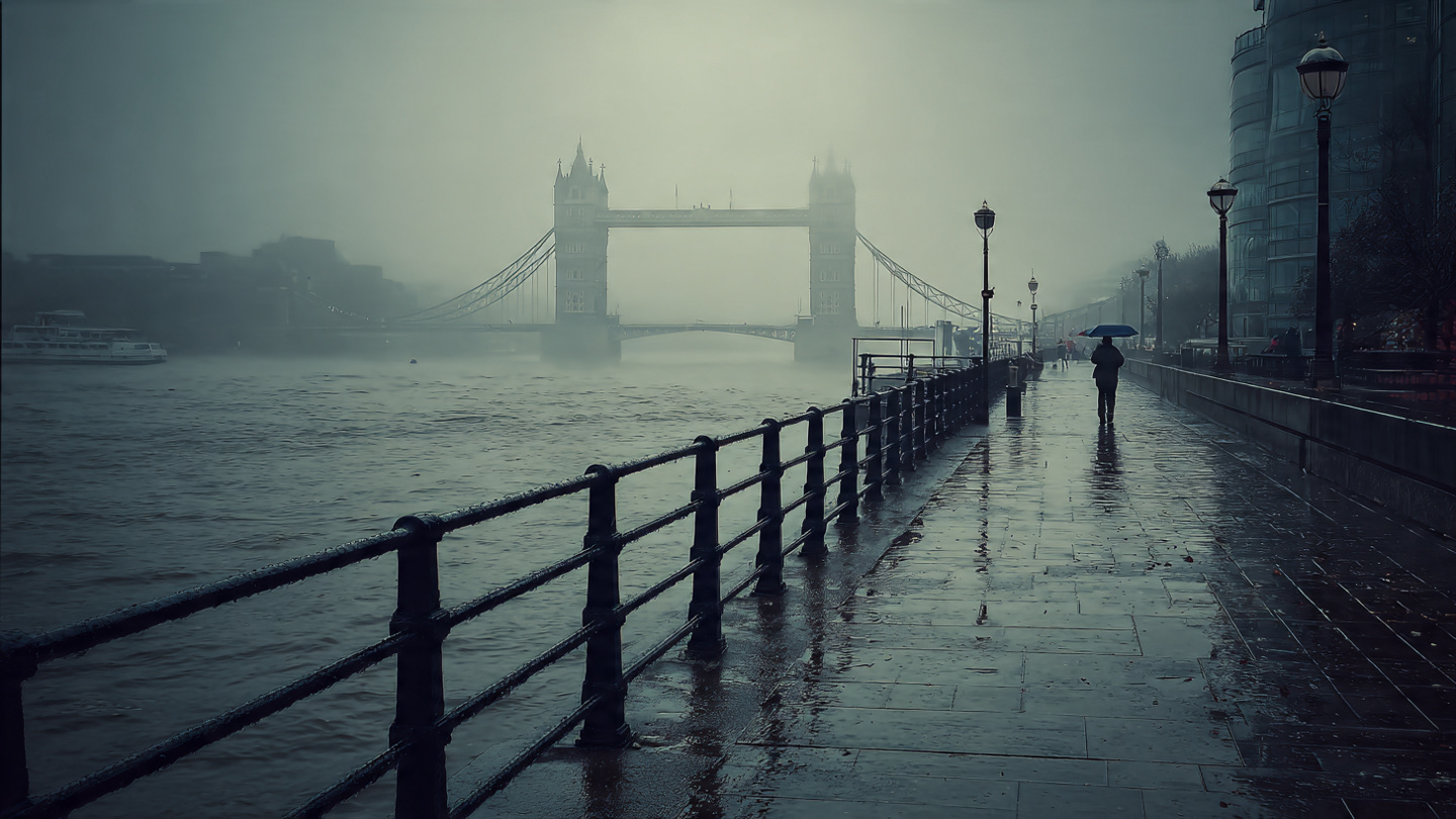 Rainy riverside walk along the Thames with Tower Bridge in the distance, capturing atmospheric things to do near Tower Bridge such as scenic walking routes, reflective sightseeing, and quiet riverfront exploration in London