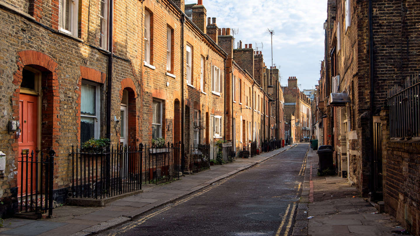 Quiet historic London street lined with old brick houses, representing hidden historical sites in London and overlooked heritage streets that preserve the city’s past