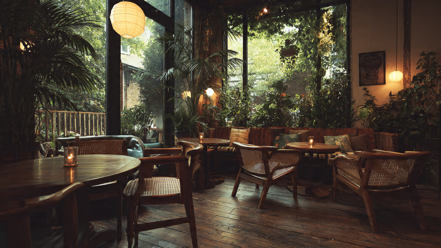 Cozy botanical interior of one of the hidden cafes in London, with wooden furniture, leafy plants, and a warm, relaxed secret coffee shop atmosphere surrounded by greenery.