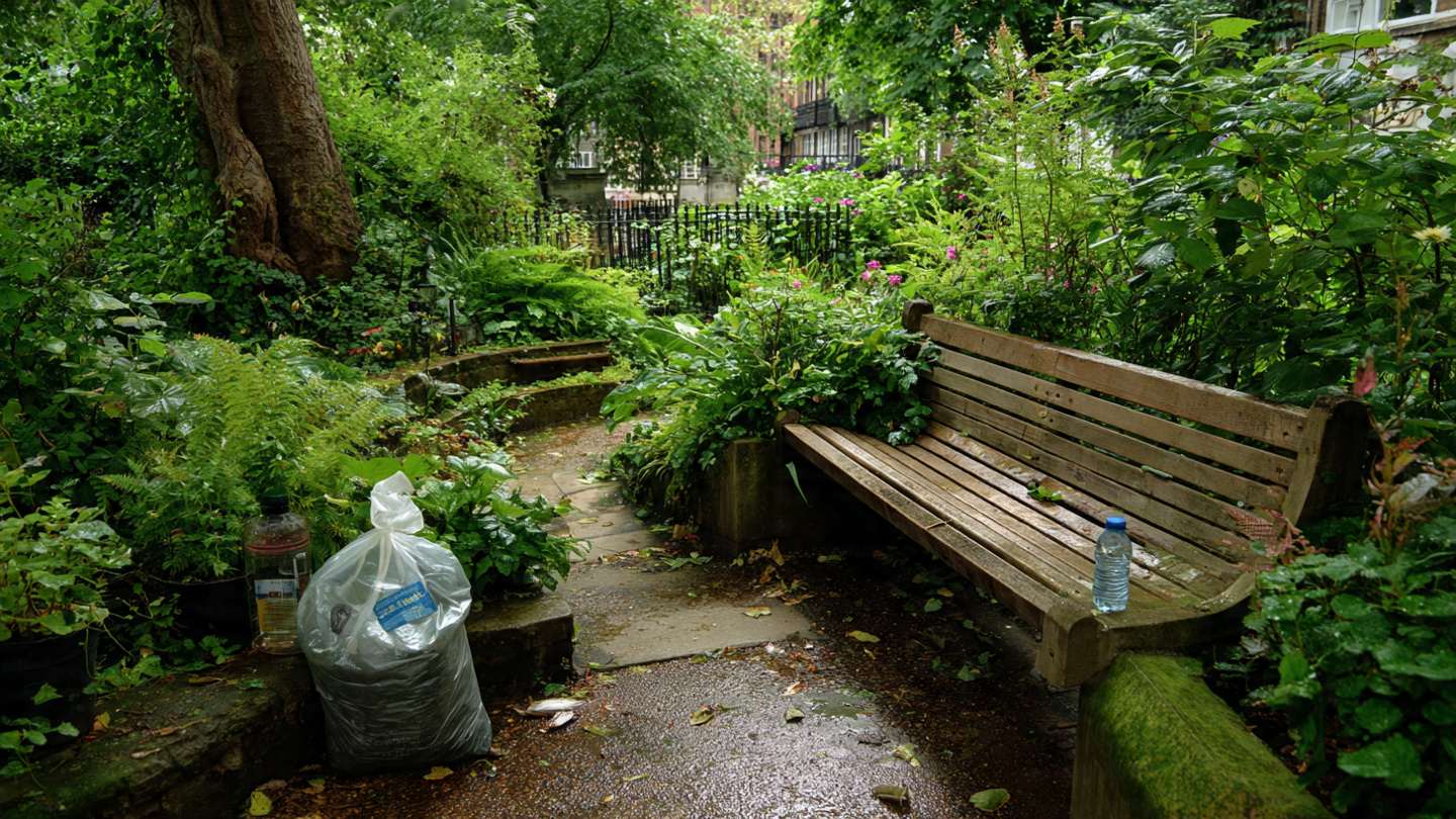 Secret gardens in London with a wooden bench, leafy green plants, and a quiet garden pathway, a hidden garden space in London showing everyday life and calm urban greenery