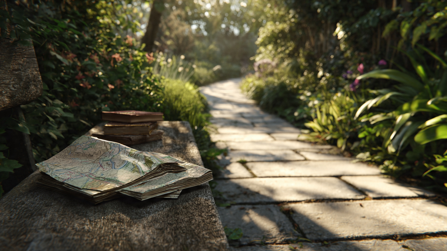 Secret gardens in London with a quiet stone pathway, folded city maps and books on a wooden bench, a peaceful hidden garden walkway surrounded by greenery in a tranquil London green space