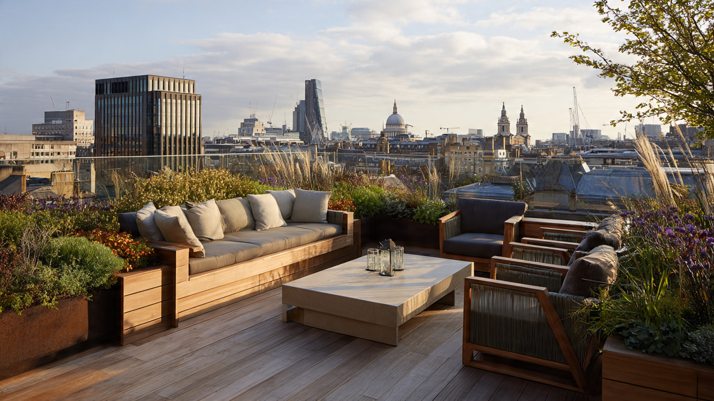 Hidden rooftop views in London showcasing a peaceful rooftop terrace with seating and greenery, offering a lesser-known London skyline view and a quiet rooftop escape above the city