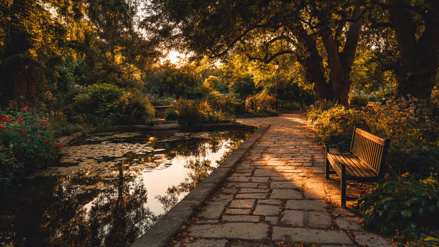 Secret gardens in London with a peaceful stone pathway beside a reflective pond at golden hour, wooden bench under tall trees, a tranquil hidden garden space in London filled with greenery and warm evening light