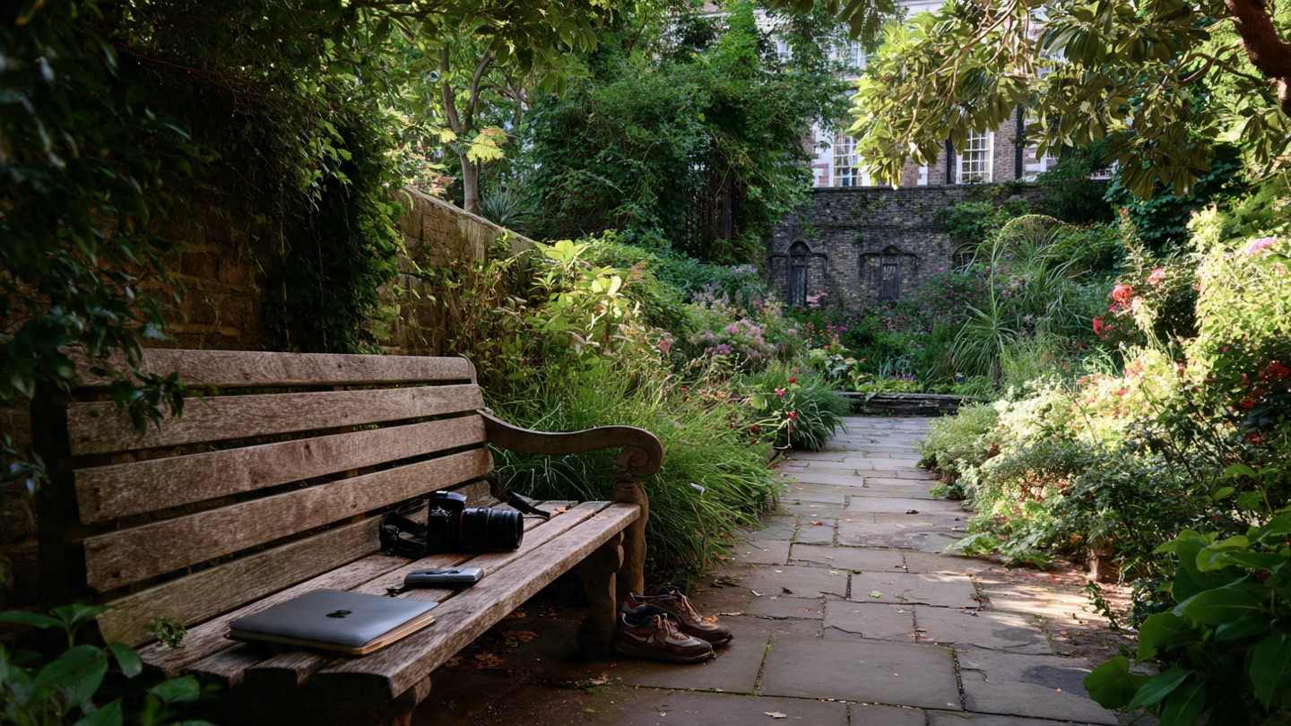 Secret gardens in London with a wooden bench, camera and laptop resting beside walking shoes, a peaceful hidden garden pathway surrounded by lush greenery in a quiet London green space