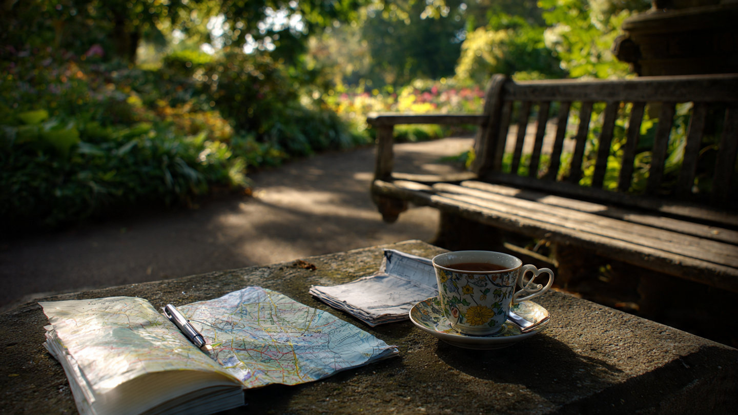 Secret gardens in London with a vintage teacup, travel map, and notebook on a stone bench beside a wooden seat, a peaceful hidden garden spot in a quiet London green space