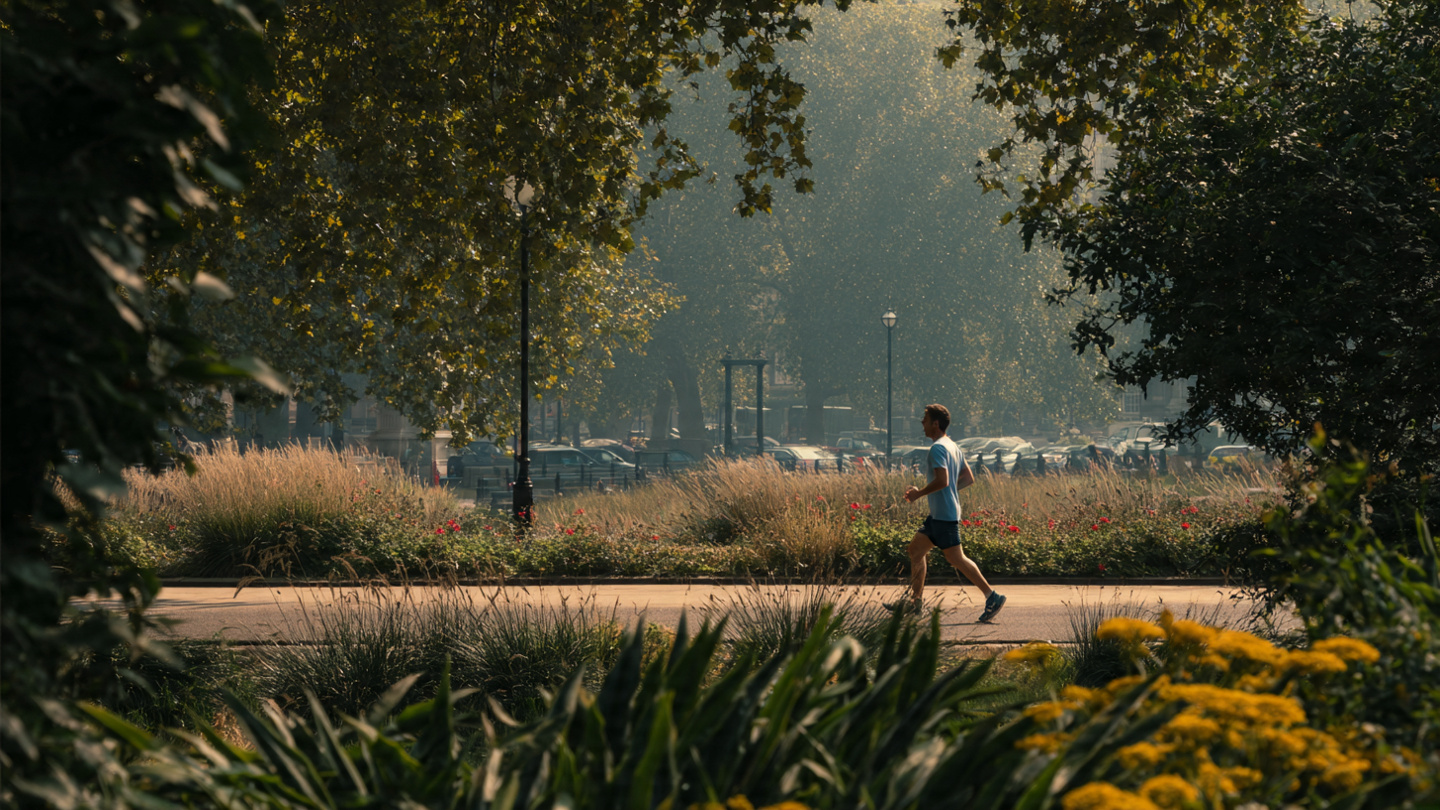 Person jogging along a leafy path near Hyde Park, highlighting free outdoor things to do near Hyde Park and peaceful walking and exercise activities close to the park.