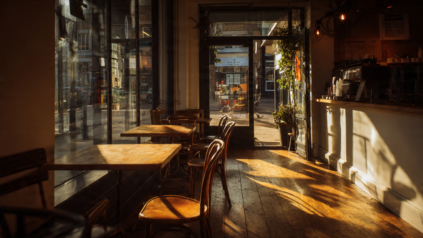 Cozy interior of one of the hidden cafes in London, with warm sunlight, rustic wooden tables, and a quiet, intimate coffee shop atmosphere in a peaceful backstreet café setting.