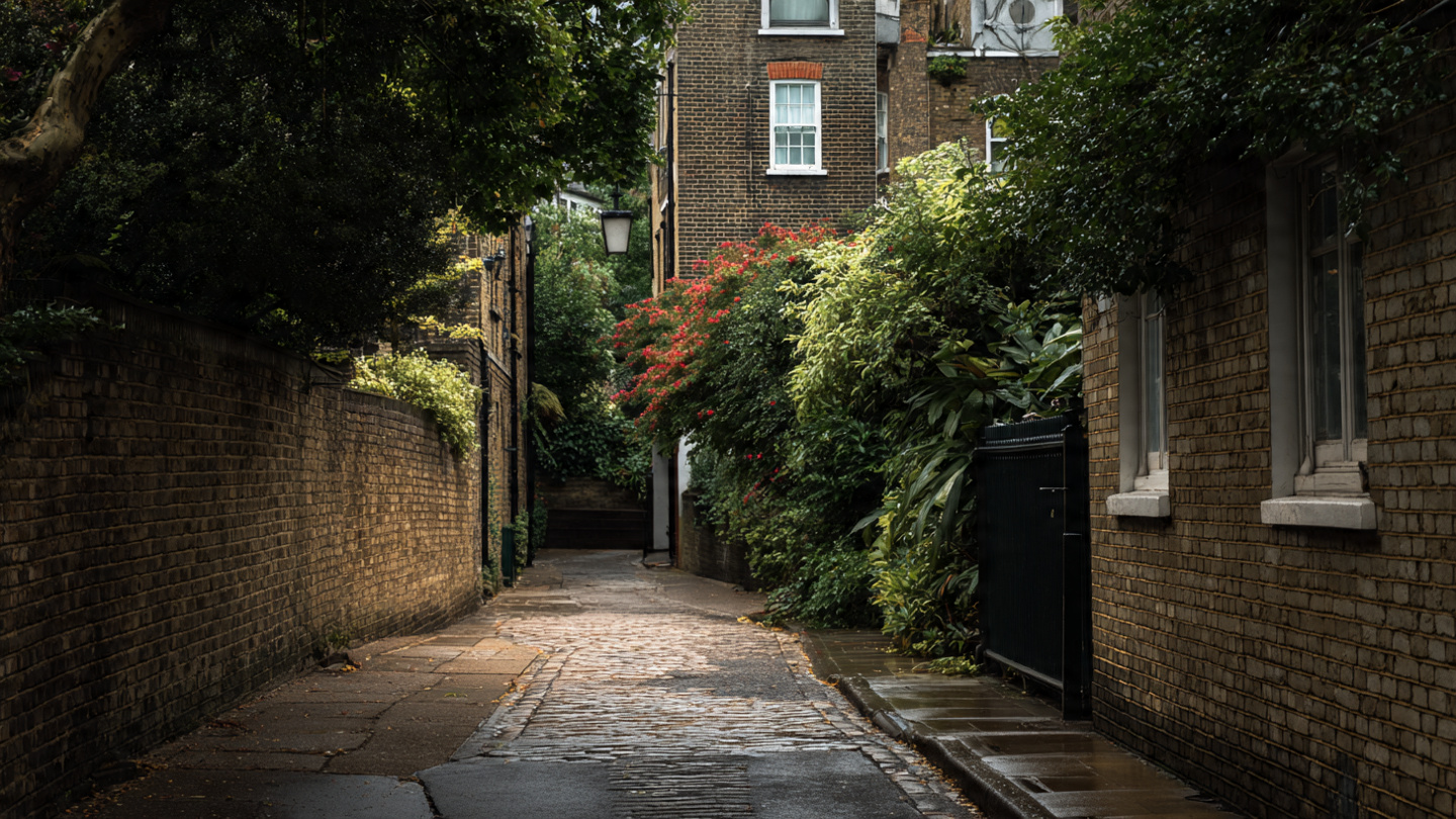 A narrow cobbled alley among the hidden streets in London, featuring quiet London backstreets with brick walls, greenery, and peaceful lesser known streets that showcase the city’s secluded residential character