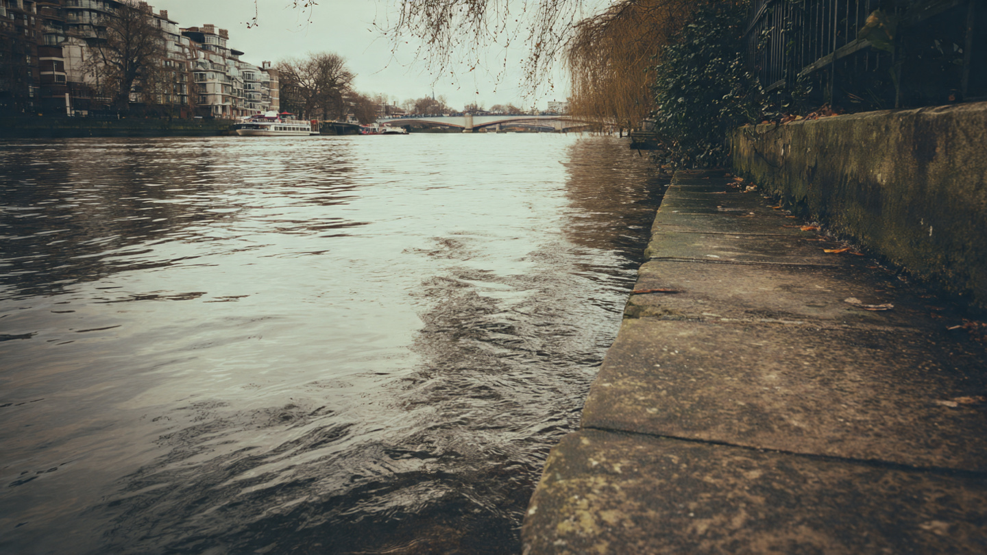 Quiet places in London along a peaceful riverside path with calm water, empty walkway, and a tranquil urban atmosphere away from busy city routes