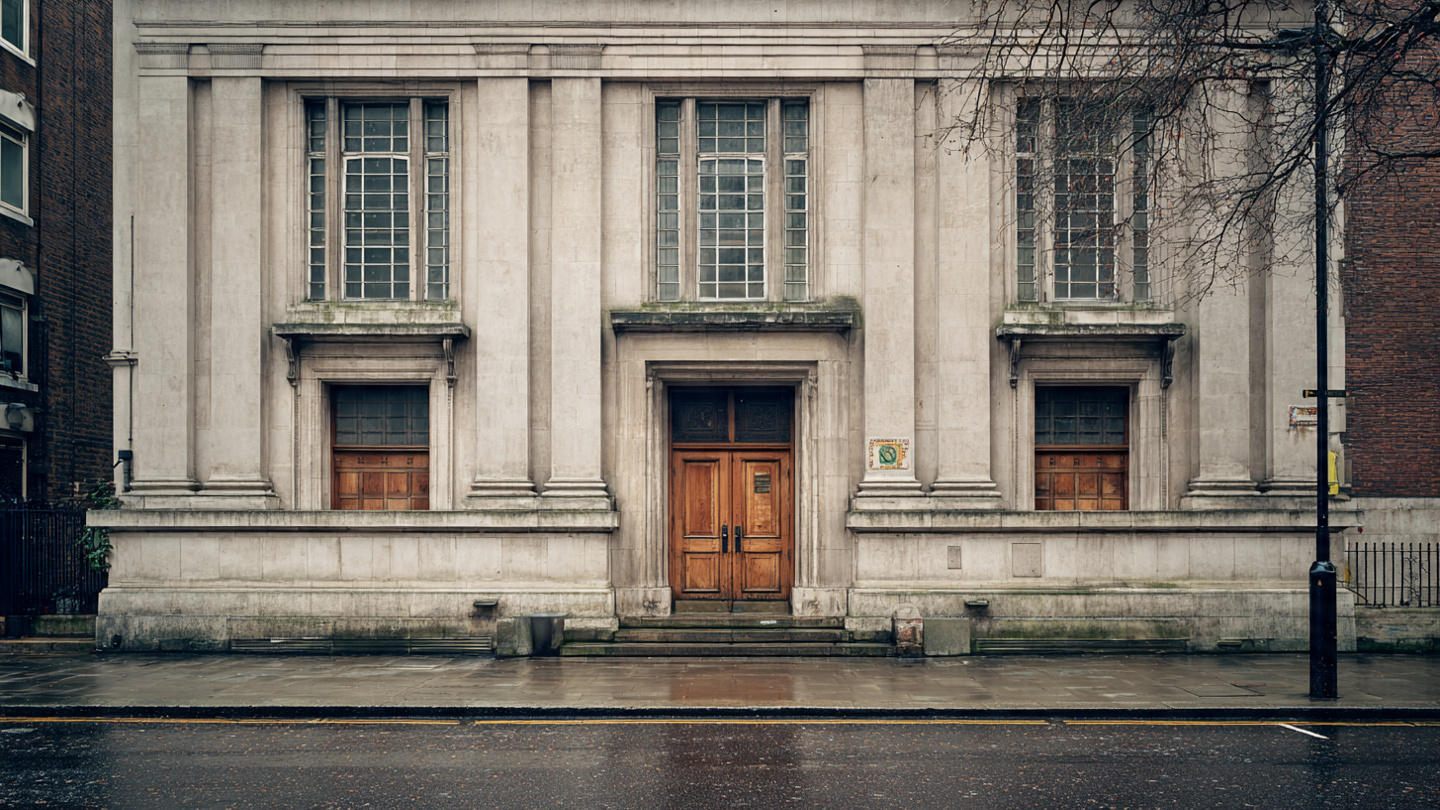 A former public institutional building in London with tall stone columns and closed wooden doors, representing abandoned places in London