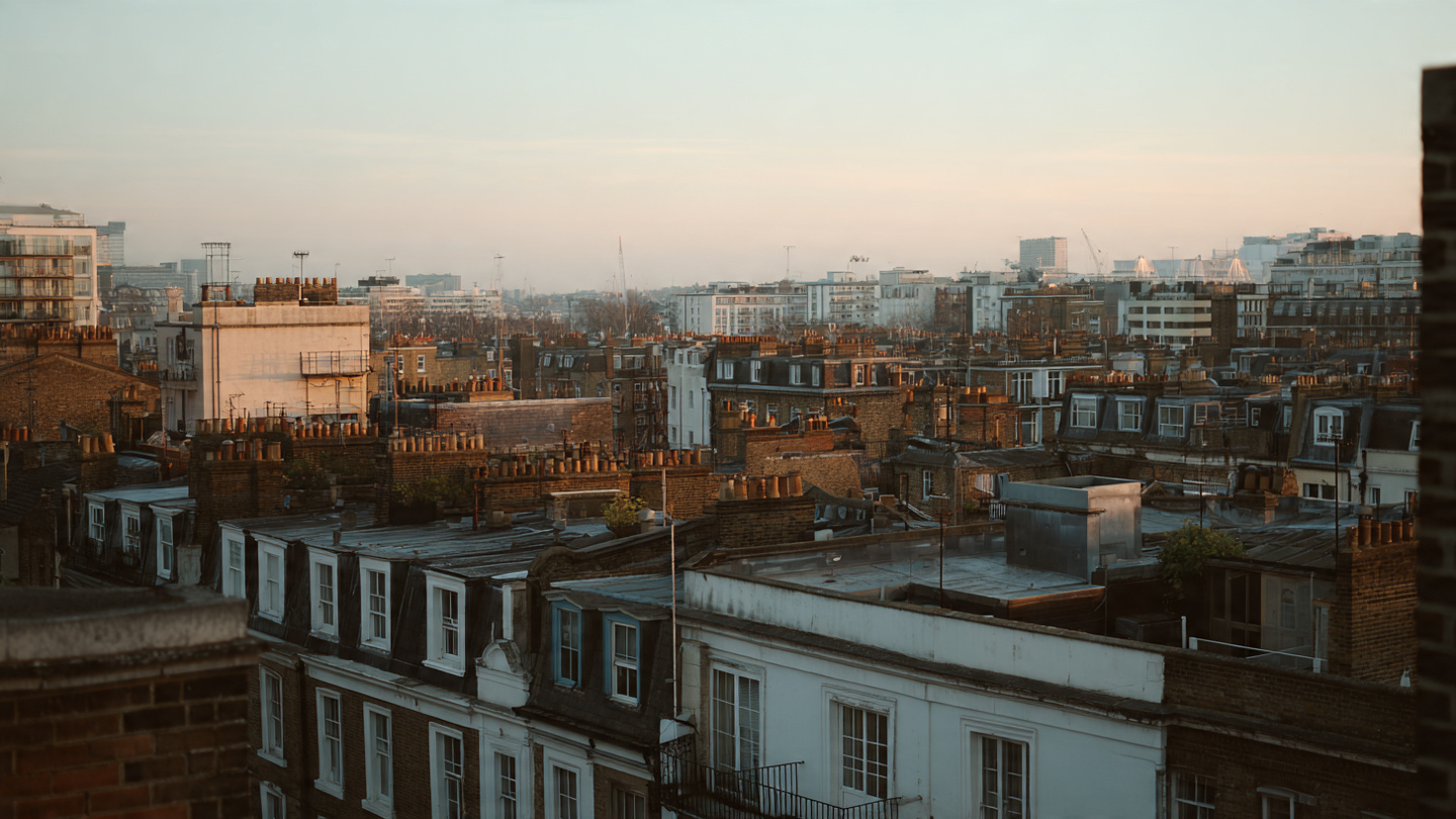 Hidden rooftop views in London looking across quiet residential rooftops and layered city buildings at sunset, capturing a lesser-known London skyline and a peaceful rooftop perspective above everyday streets