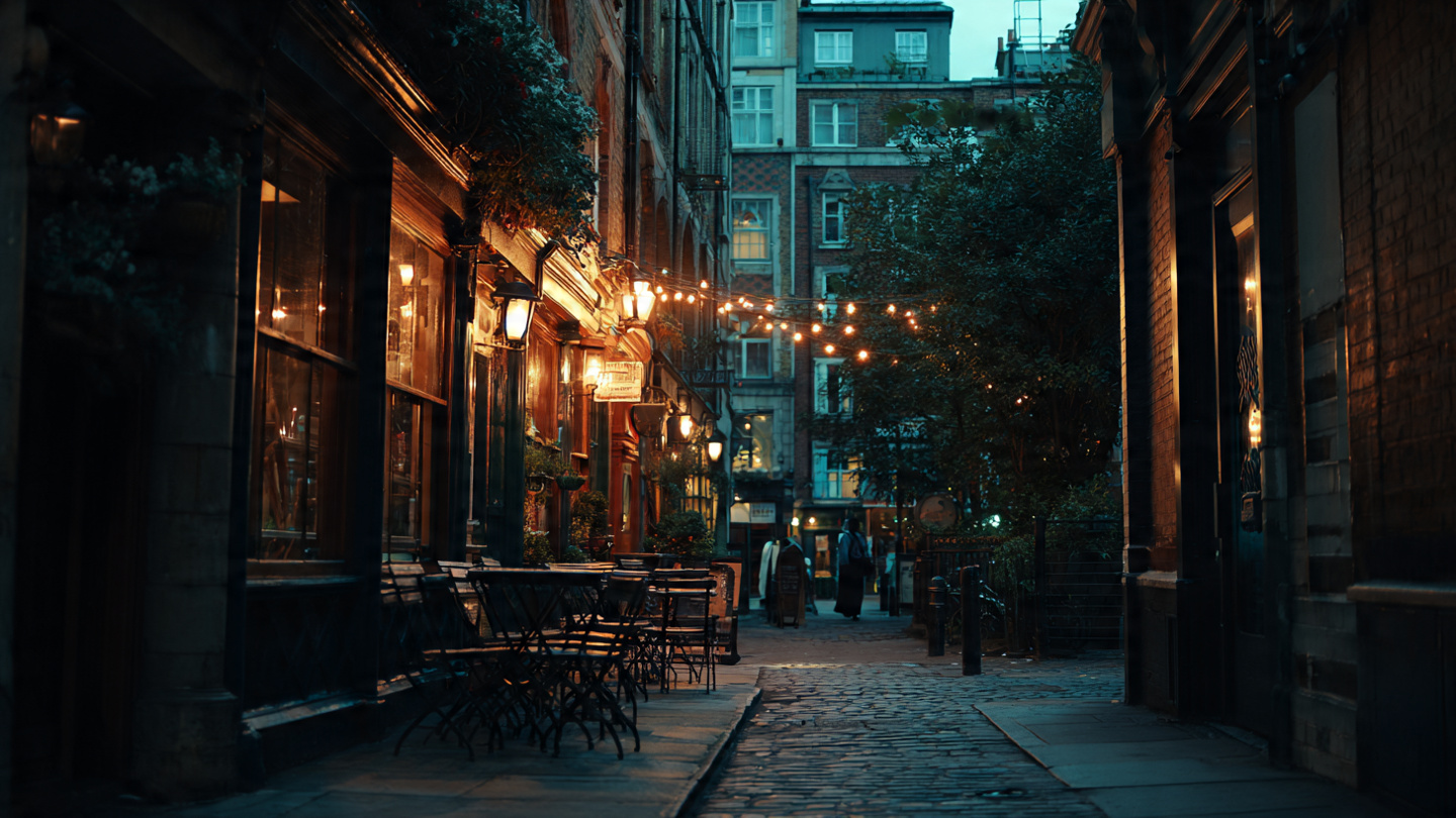 Charming cobblestone alley with outdoor seating at one of the hidden cafes in London, decorated with warm string lights and a cozy secret café atmosphere in a quiet evening street.