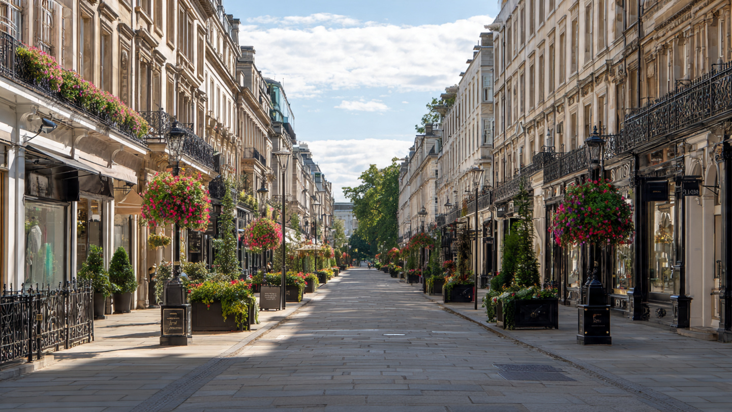 Elegant London shopping street close to Hyde Park with historic buildings and relaxed walking atmosphere, highlighting scenic things to do near Hyde Park and nearby attractions.