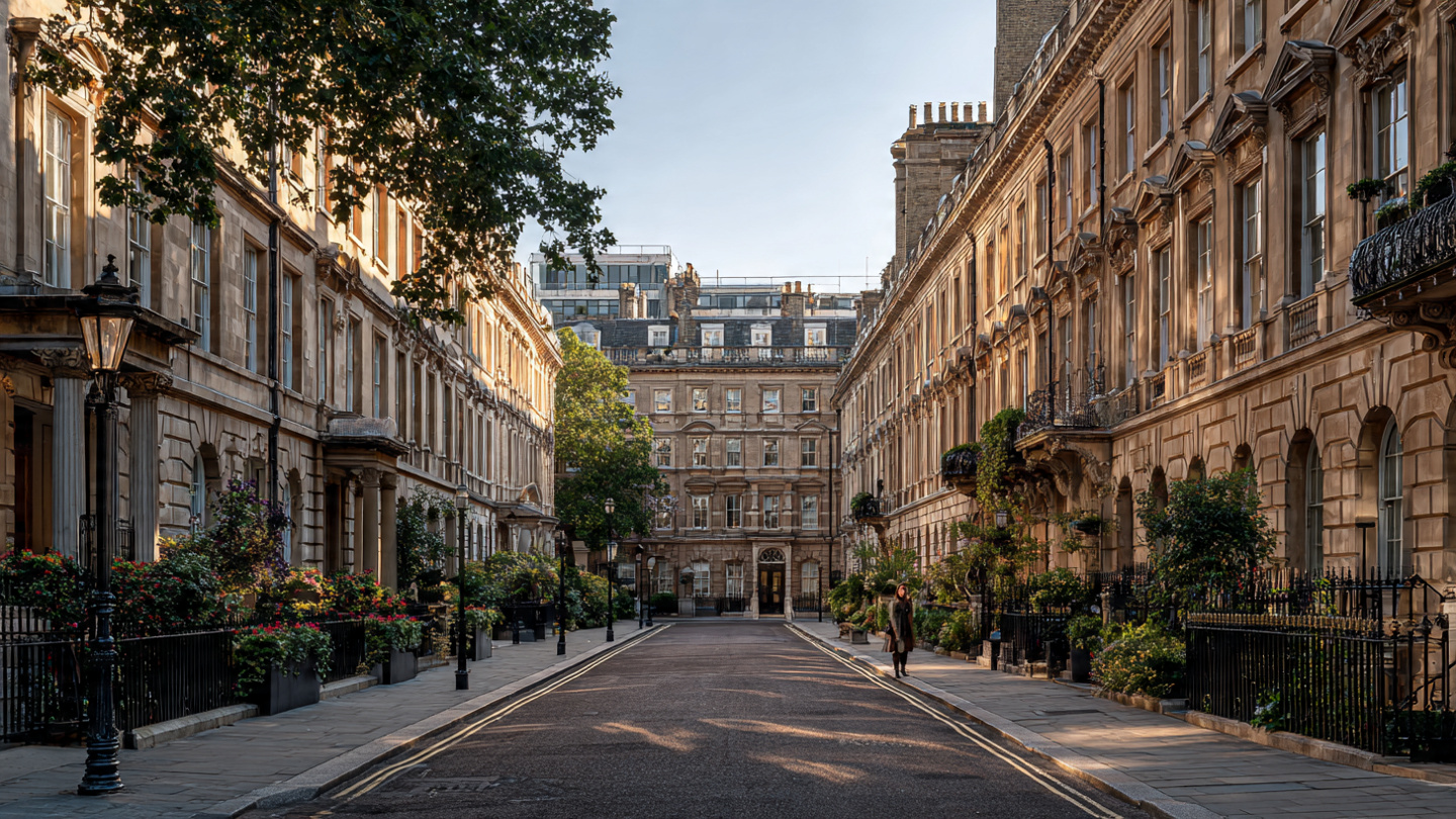 Refined residential street near Hyde Park with classic London architecture and peaceful surroundings, showcasing relaxing things to do near Hyde Park and nearby walking experiences.