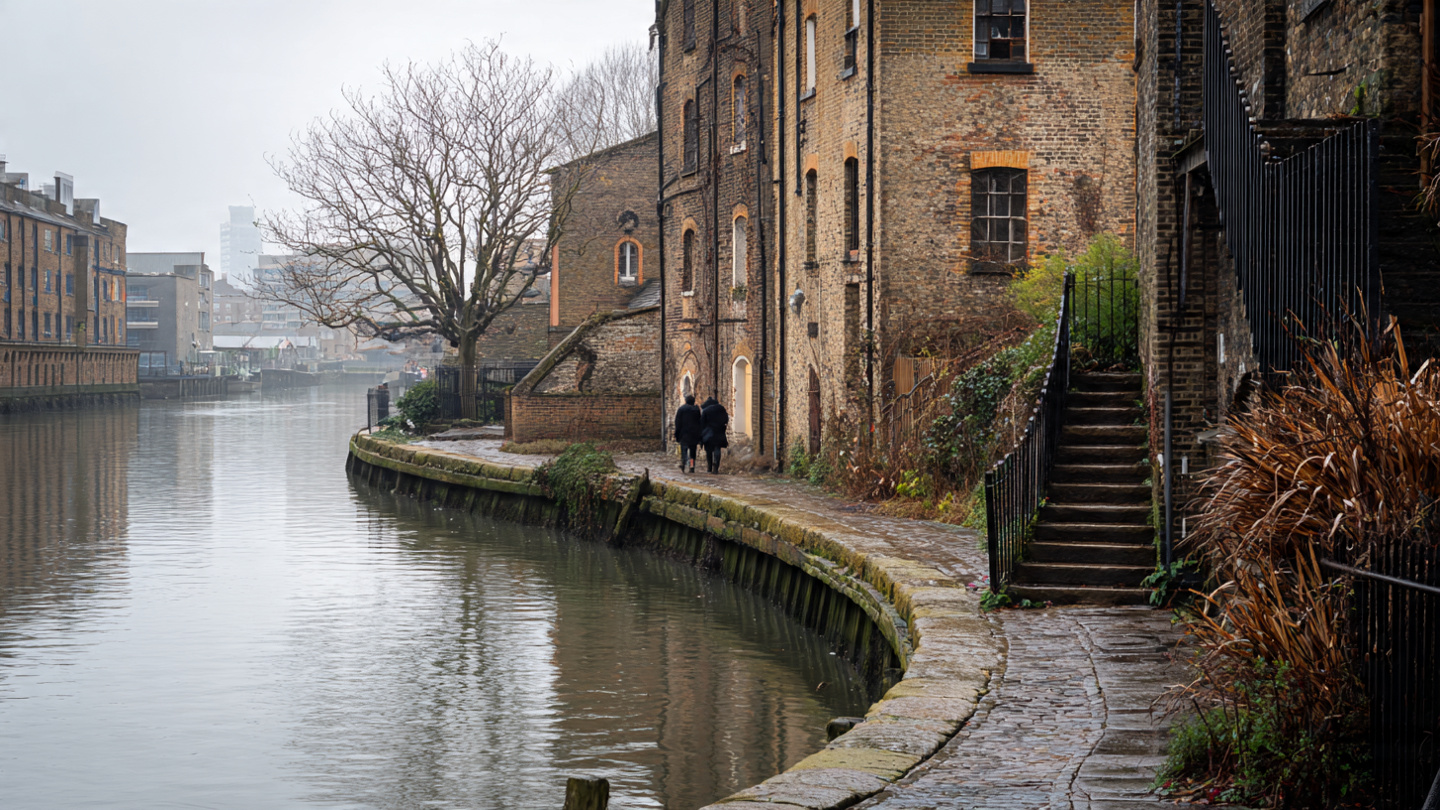 Quiet riverside walkway in one of the underrated neighborhoods in London, featuring historic brick buildings and calm waterfront views that reflect lesser-known London districts and authentic local areas