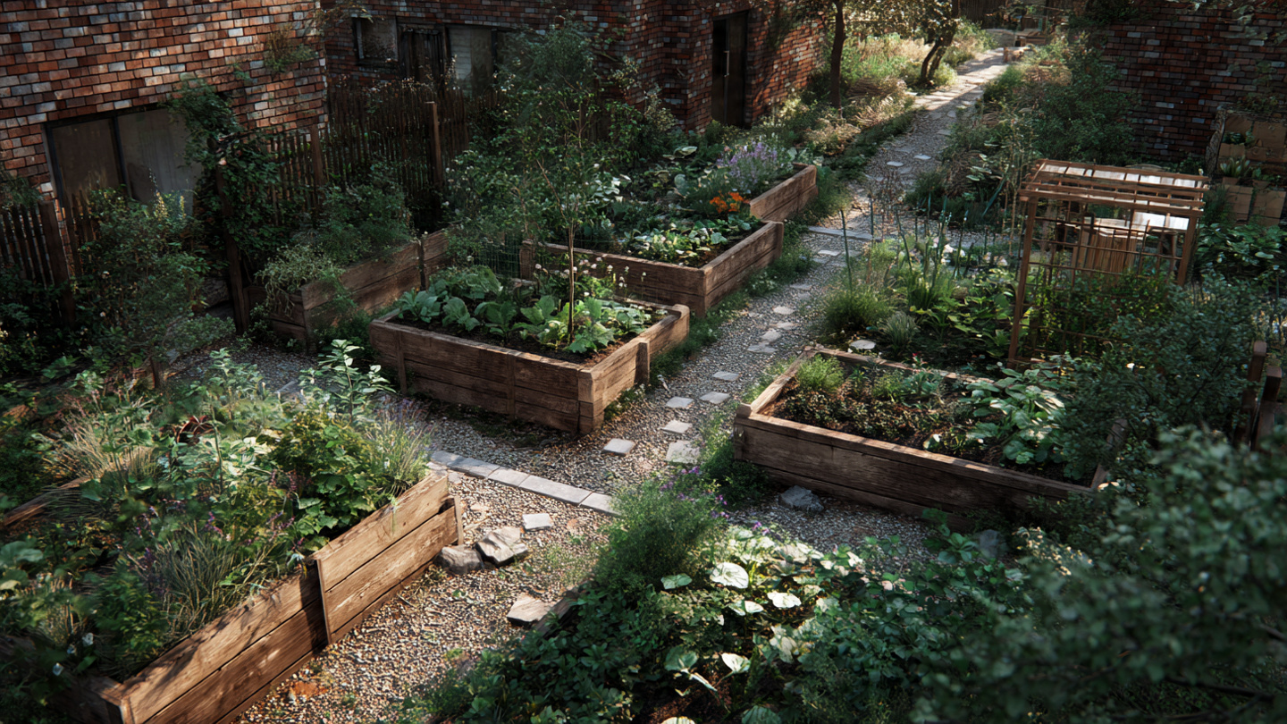 Hidden parks in London featuring a peaceful community garden with raised planting beds, stone paths, and greenery, representing one of the lesser known green spaces in London cared for by local residents