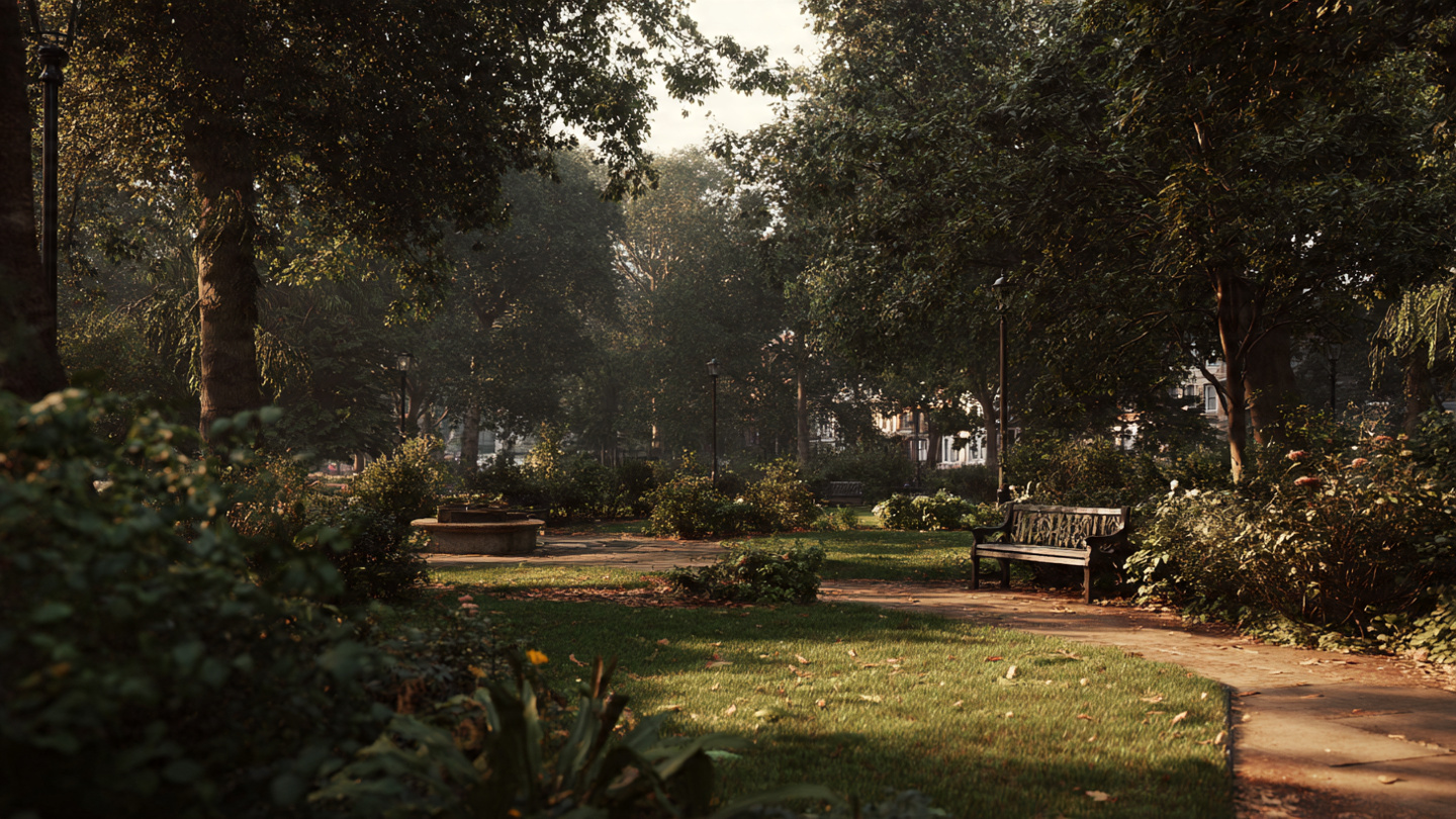 Hidden parks in London featuring a peaceful shaded garden corner with walking paths and benches, highlighting one of the lesser known and tranquil green spaces in London away from busy streets