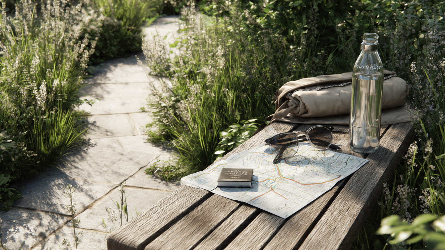 Hidden parks in London shown with a calm garden path and travel essentials on a bench, highlighting practical tips for visiting lesser known green spaces in London peacefully