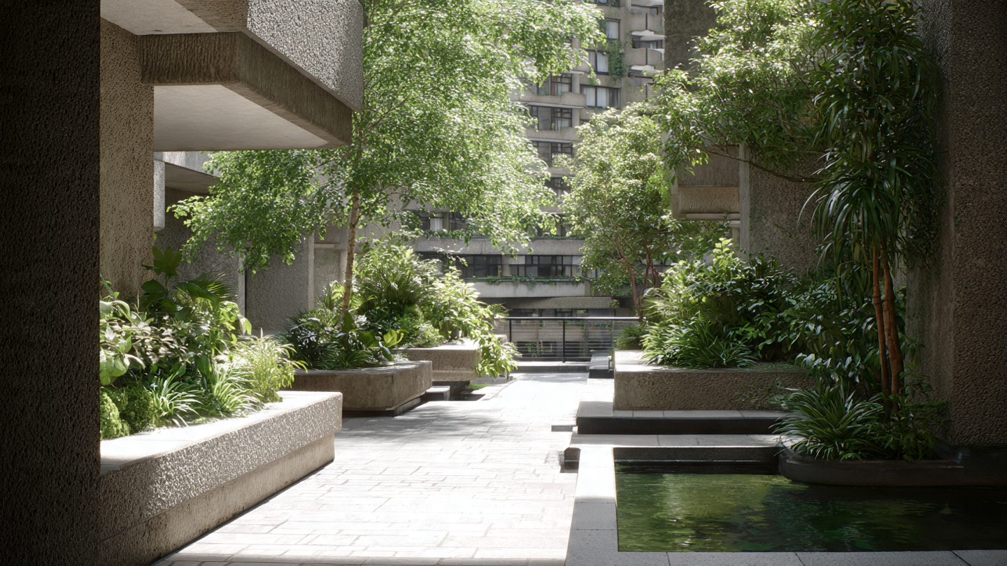 Hidden parks in London featuring quiet green pockets around the Barbican, with lush plants, calm walkways, and water features creating a lesser known urban green space in London
