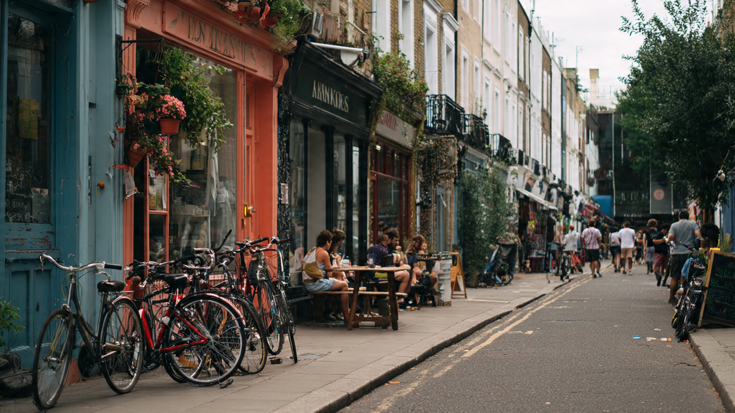 Local café street and neighborhood life experienced during a 3 day London itinerary, showing relaxed walking routes and everyday London travel scenes