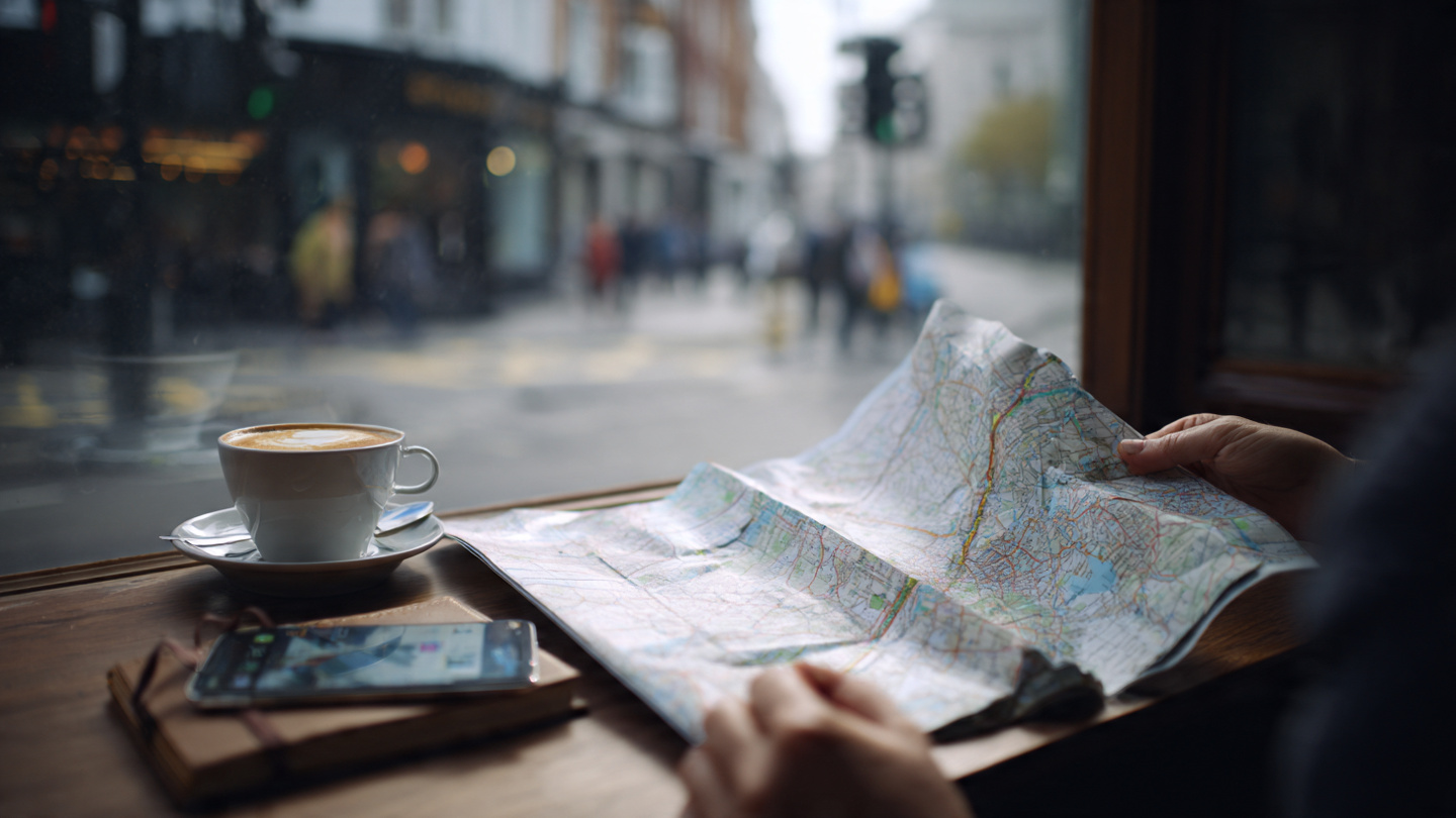 Traveler planning a 3 day London itinerary at a café using a city map and smartphone, preparing a short London travel itinerary