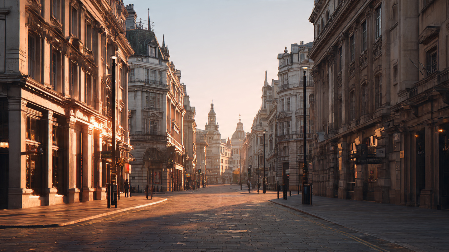 2 day London itinerary featuring an early morning walk through historic central London streets with classic architecture and quiet city atmosphere