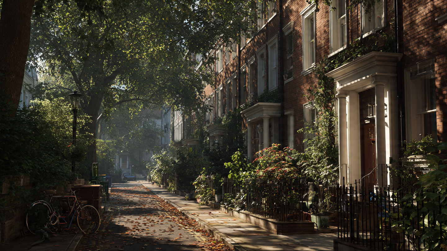 2 day London itinerary showing a peaceful residential London street with leafy trees, classic townhouses, and a calm neighborhood walking experience