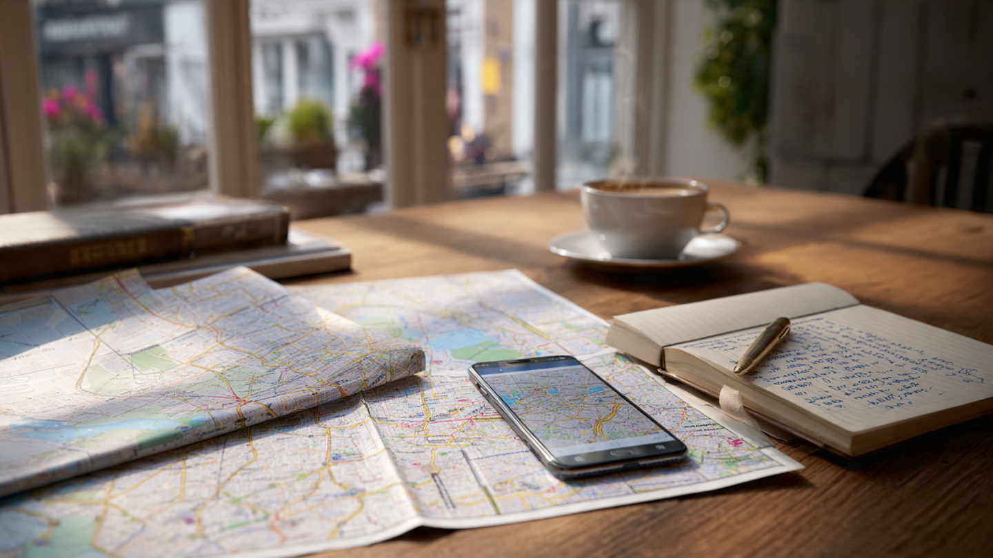Travel planning setup with a city map, notebook, and coffee representing a 1 day London itinerary and one day in London route planning