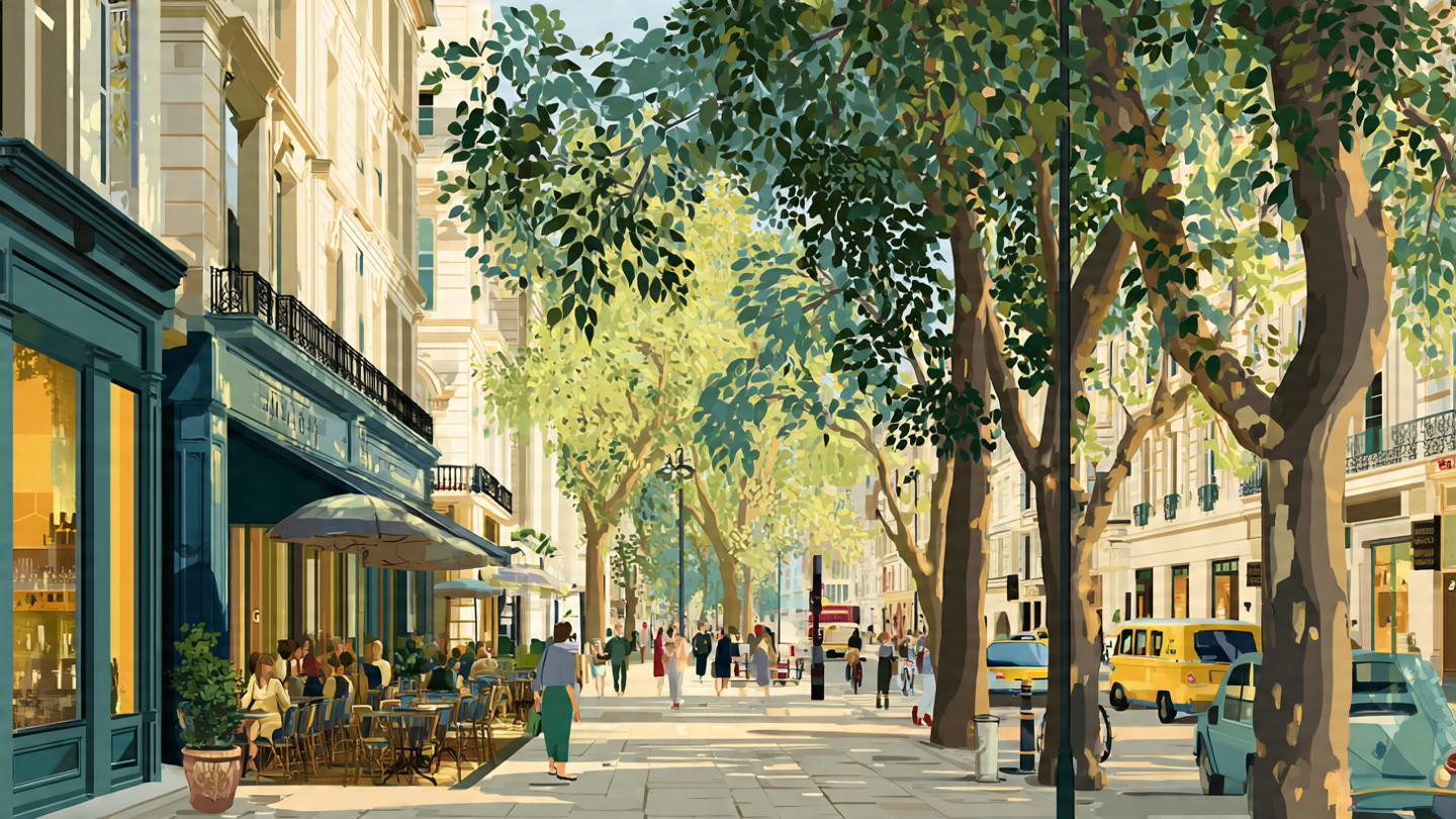 Tree-lined London street with cafés and pedestrians, showing a relaxed London itinerary and an easy-paced London travel itinerary for first-time visitors