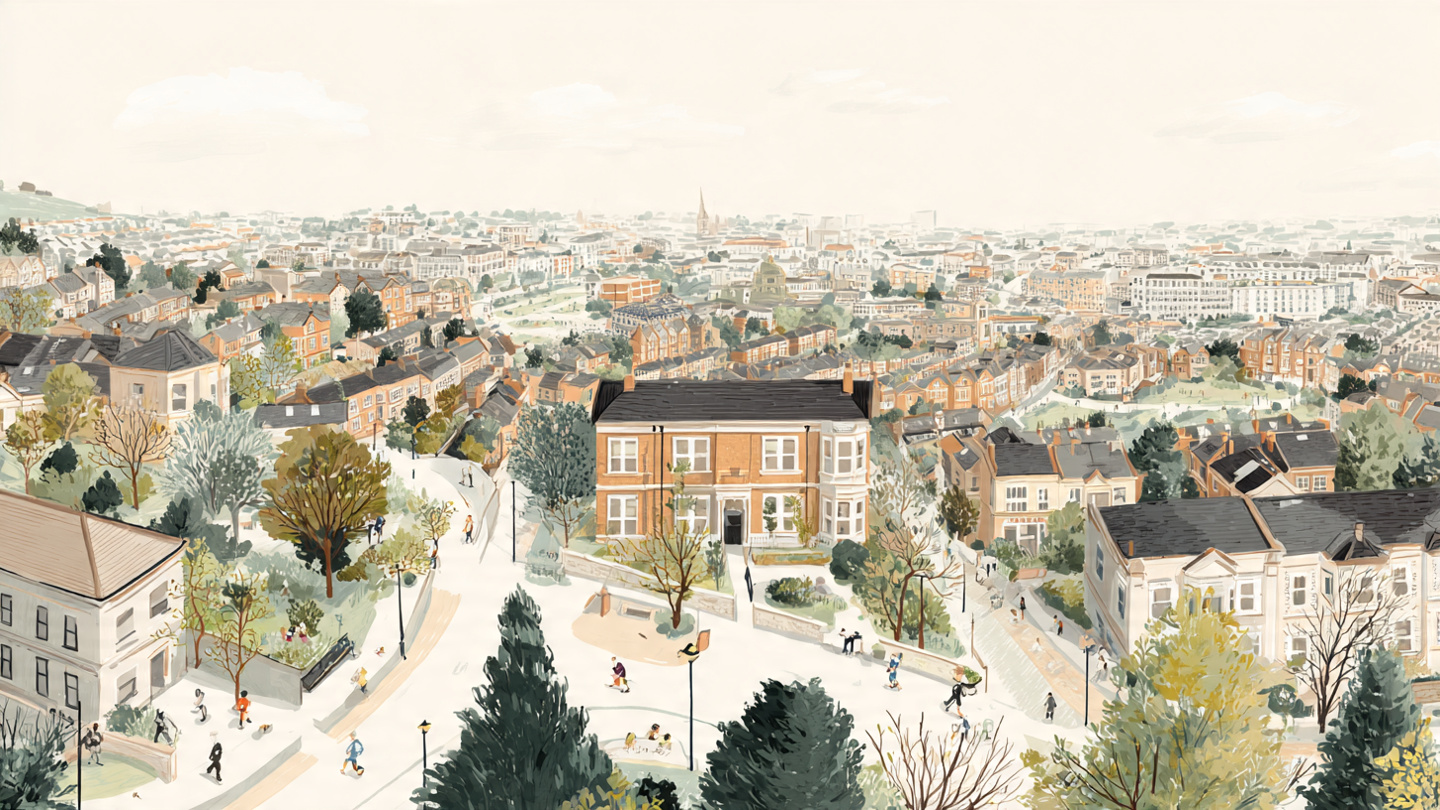 Elevated view of London neighborhoods and connected streets, illustrating how a well-planned London itinerary and flexible London travel itinerary guide first-time visitors across the city