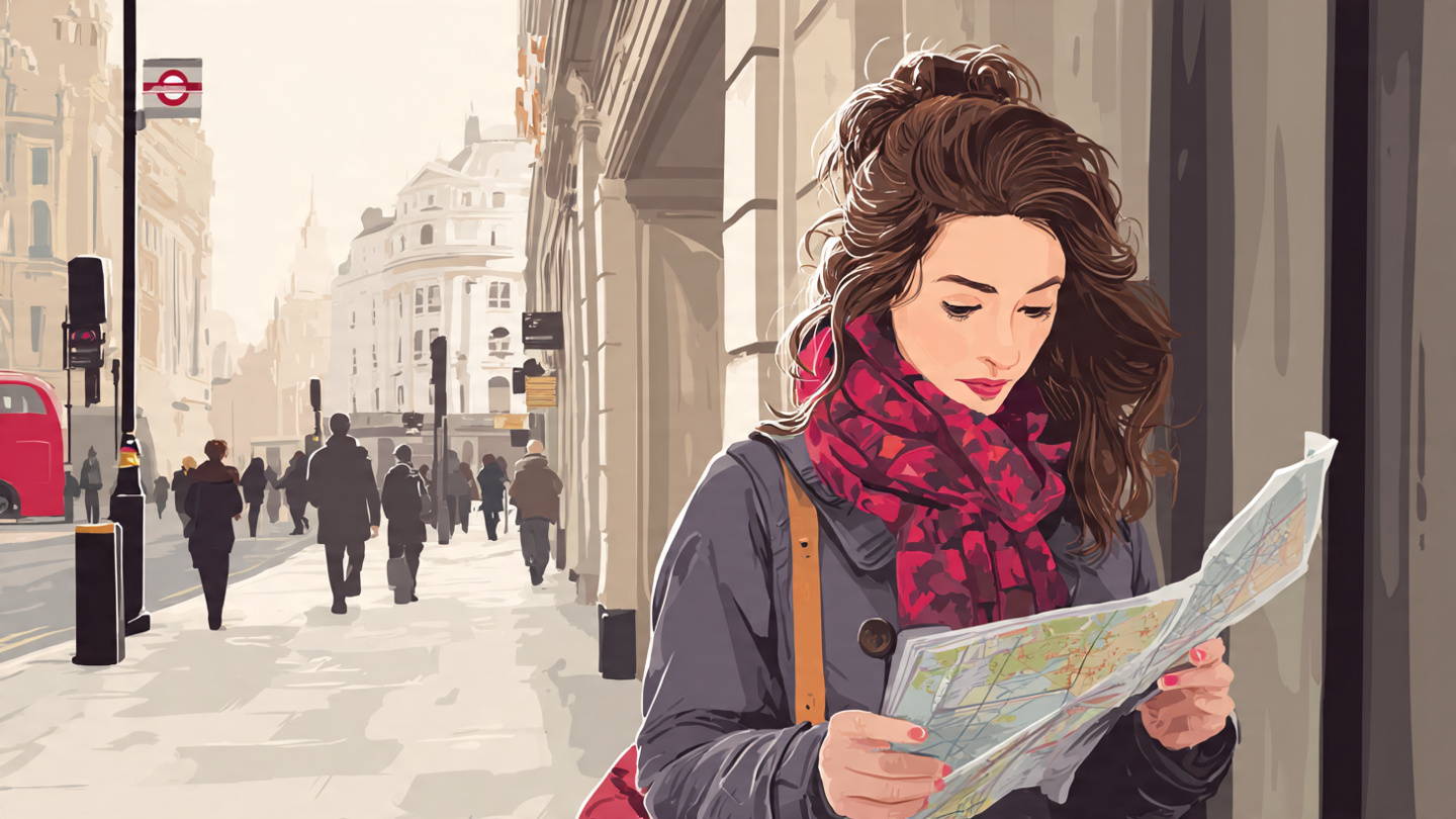 First-time visitor reading a city map on a London street, representing a practical London itinerary and thoughtful London travel itinerary planning