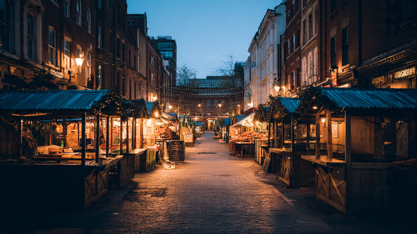 Lesser known markets in London at dusk with warm glowing lights, wooden market stalls, and a quiet hidden street market atmosphere in the city.