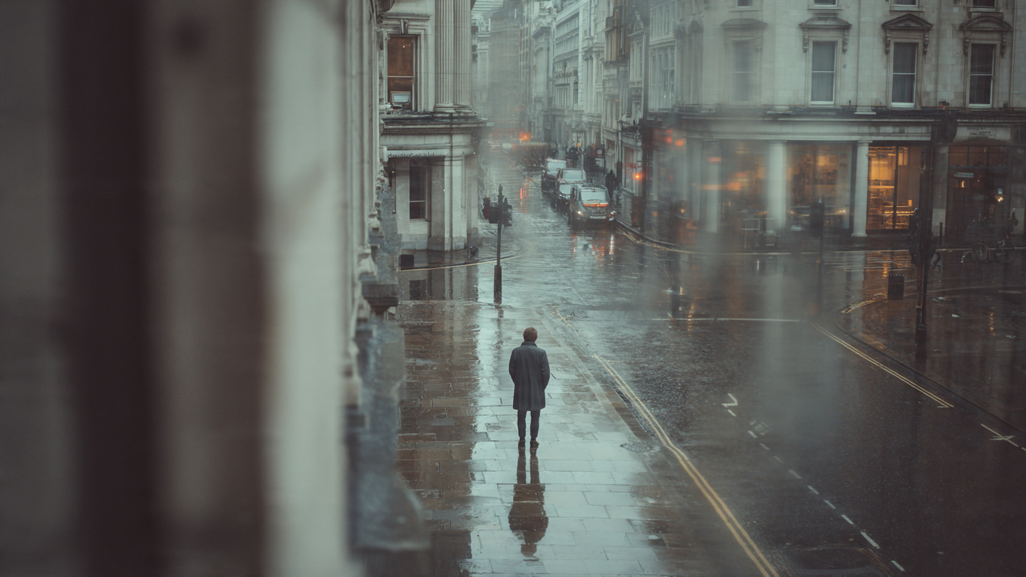 Rainy London street with a lone person standing still, capturing the reflective mood of undiscovered London attractions and overlooked urban spaces beyond famous landmarks