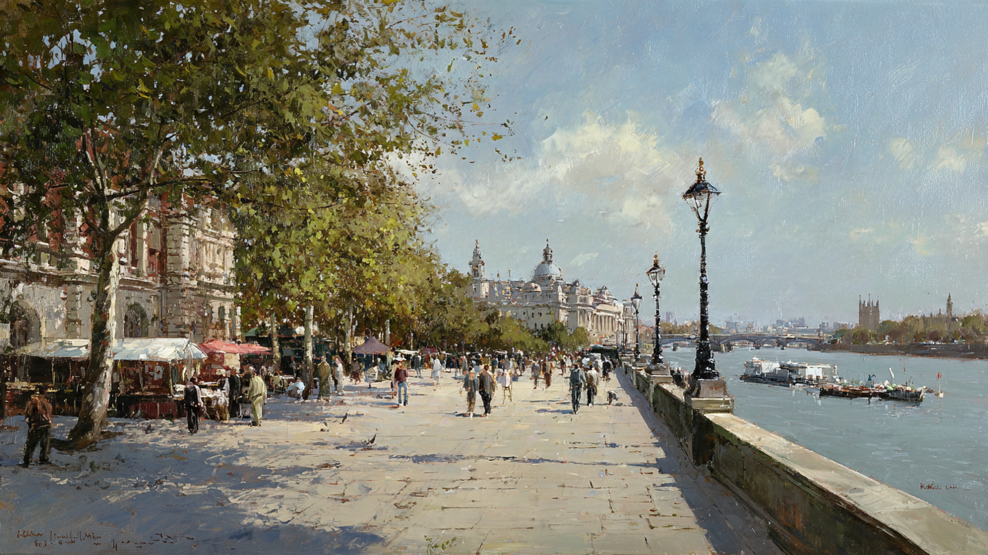 Lively Thames riverside walk with cafés and pedestrians in central London, showing one day in London things to do, relaxed London sightseeing, and scenic city walking experiences.