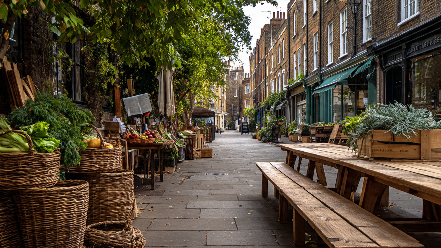 Lesser known markets in London along a quiet neighborhood street with outdoor produce stalls, rustic wooden benches, and hidden local market shops.