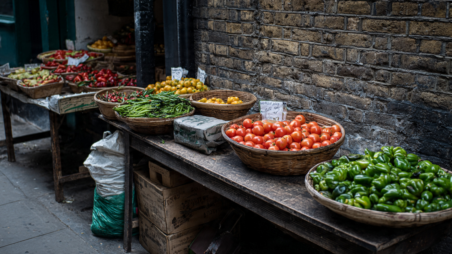 Lesser known markets in London with fresh vegetables displayed in woven baskets at a hidden local street market, showcasing authentic neighborhood produce stalls.