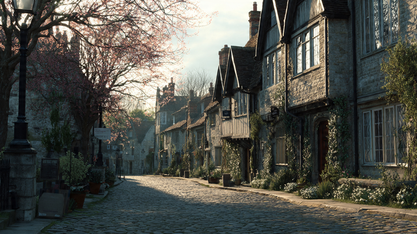 Quiet historic London street in spring with blooming trees and warm sunlight, showing scenic walking routes, neighborhood exploration, and relaxed sightseeing among the best things to do in London in spring.