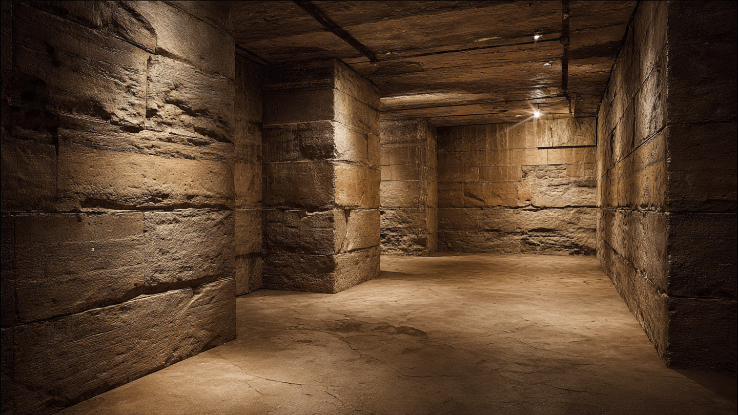 Underground hidden spots in London featuring a sealed subterranean chamber with stone pillars, revealing forgotten underground rooms beneath historic city streets