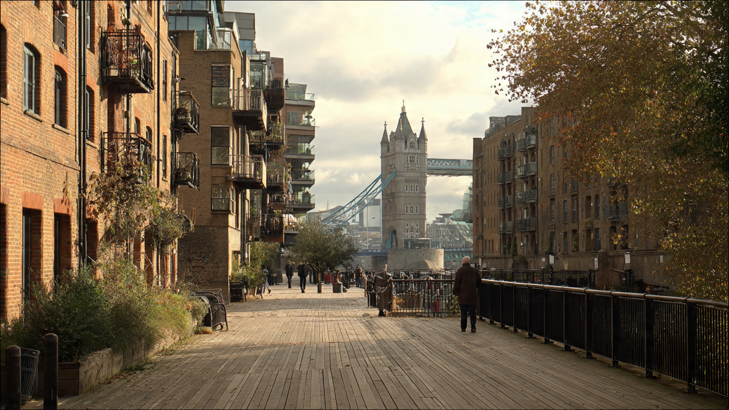 Riverside walkway near Tower Bridge with historic buildings and pedestrian paths, showing classic things to do near Tower Bridge such as scenic walks, sightseeing, and exploring the Thames riverfront in London